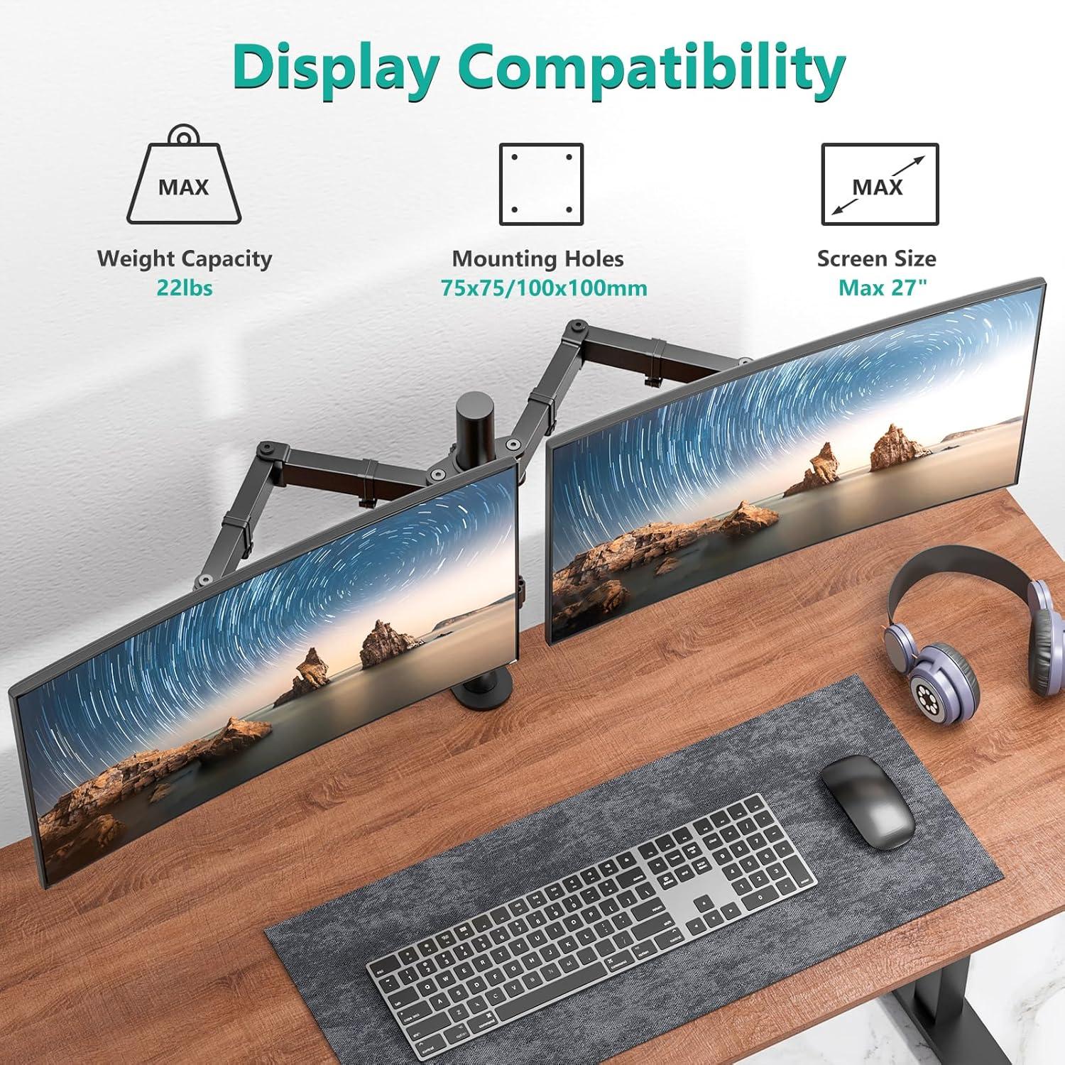 Mount-It! Dual Monitor Mount | Double Monitor Desk Stand | Two Full Motion Adjustable Arms Fit 2 Computer Screens 17 - 32 in. | C-Clamp & Grommet Base