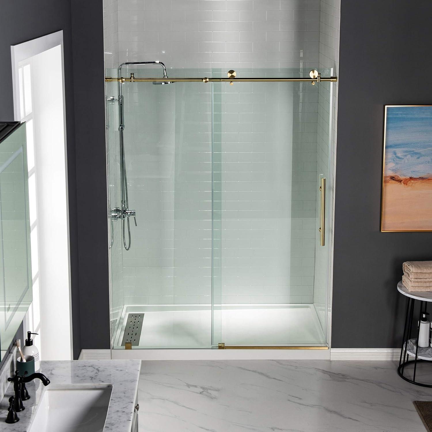 WoodBridge 56"-60" W x 76" H Single Sliding Frameless Shower Door | 3/8" (10mm) Thickened Upgrade Tempered Glass | Stainless Steel Hardware | Safe, Explosion-Resistant, Clear & Stylish, Sturdy & Durable MBSDC6076-BG