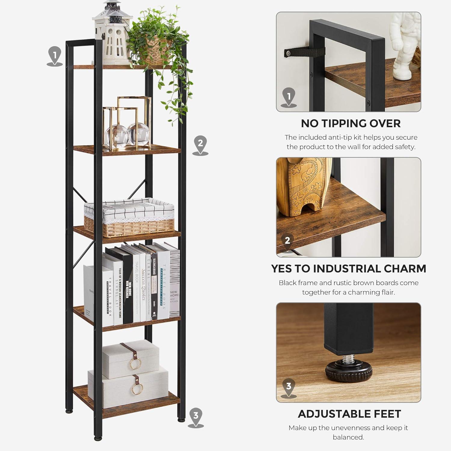 VASAGLE 5-Tier Rustic Brown and Black Steel Bookshelf