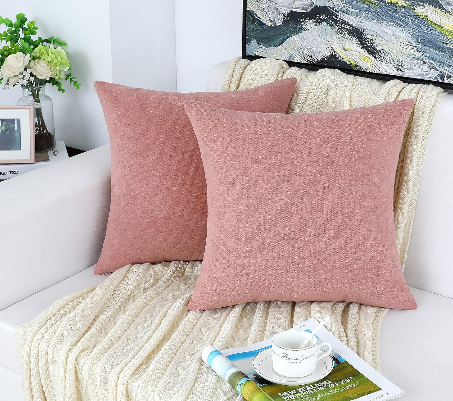 Dusty Rose Chenille 18" Square Rustic Pillow Covers Set