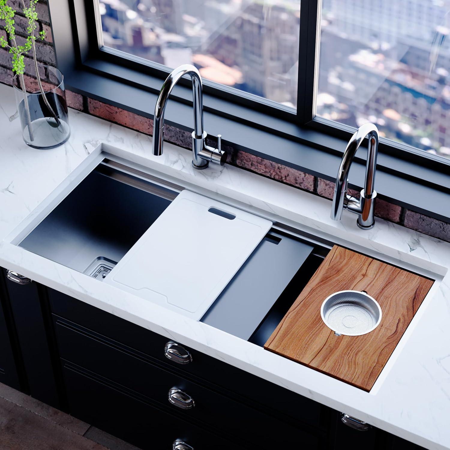 Strictly Sinks 45 Inch Black Workstation Sink - 16 Gauge Stainless Steel Sink, 2-Tier Undermount Kitchen Sink with Accessories