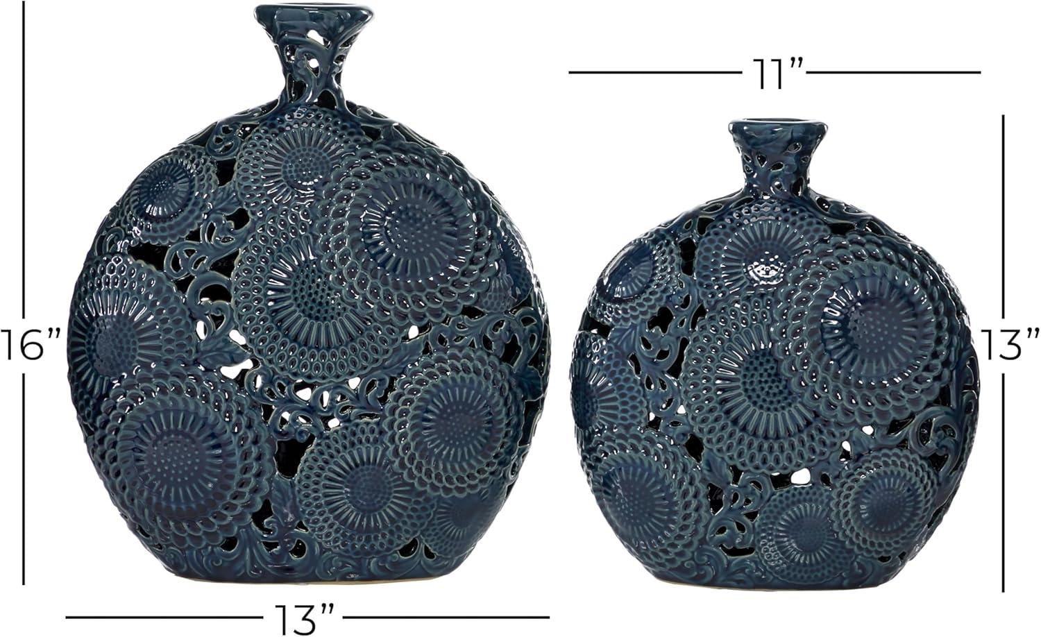 DecMode 16", 13"H Floral Blue Ceramic Vase with Cut Out Patterns, Set of 2