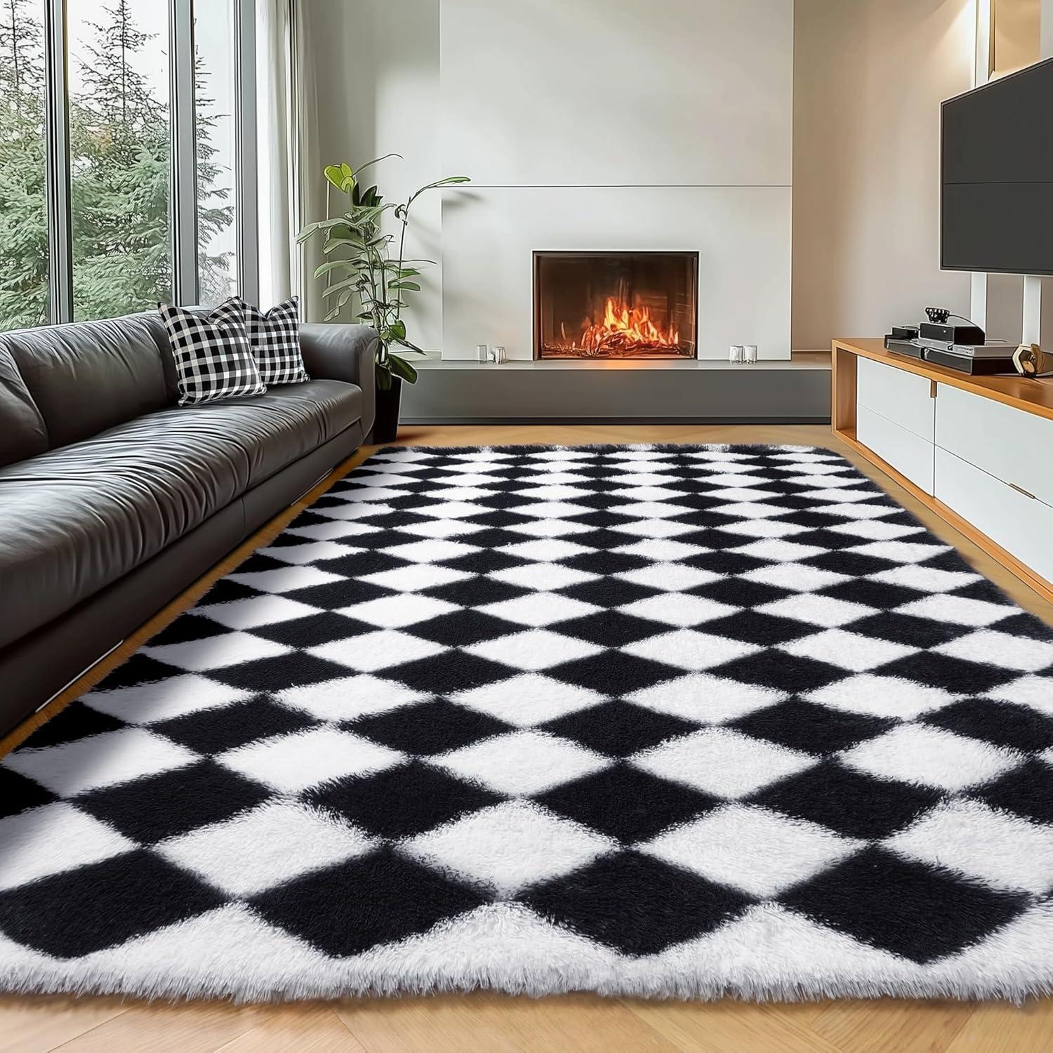 Luxe Weavers Checkered Black and White Geometric 8x10 Area Rug