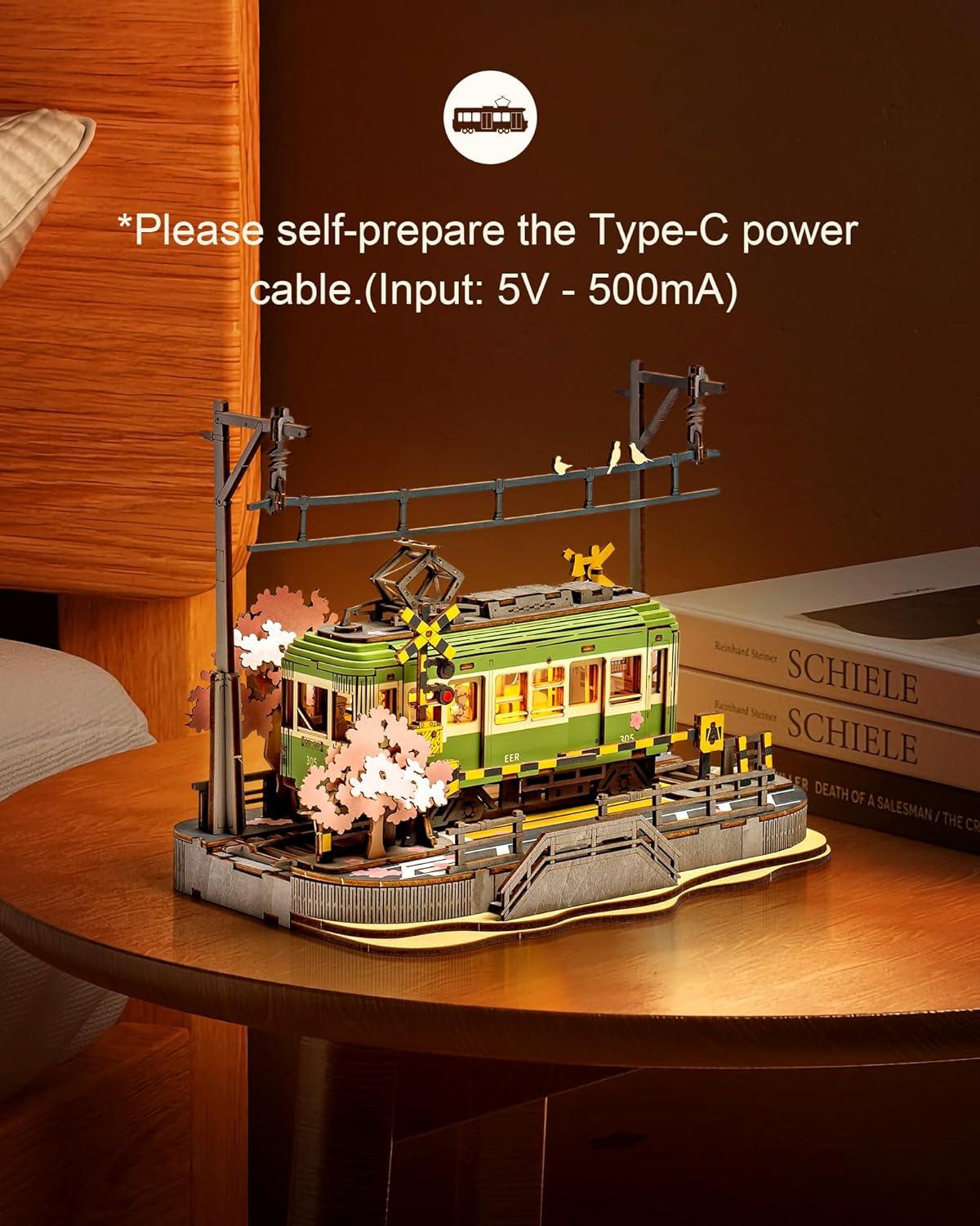 Sakura Journey Green Wooden Tram 3D Puzzle with LED Light