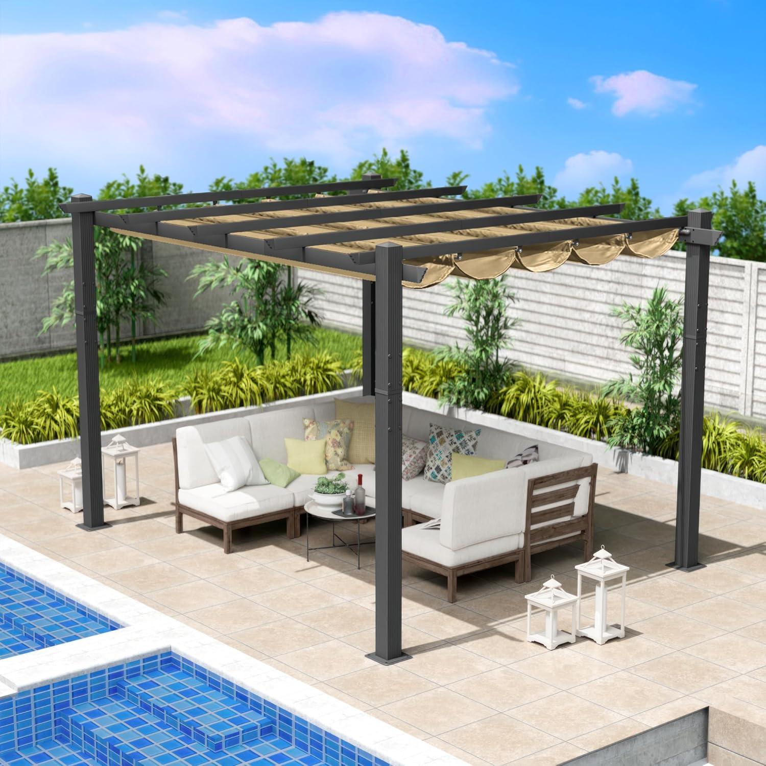 Beige Aluminum Outdoor Pergola with Retractable Canopy