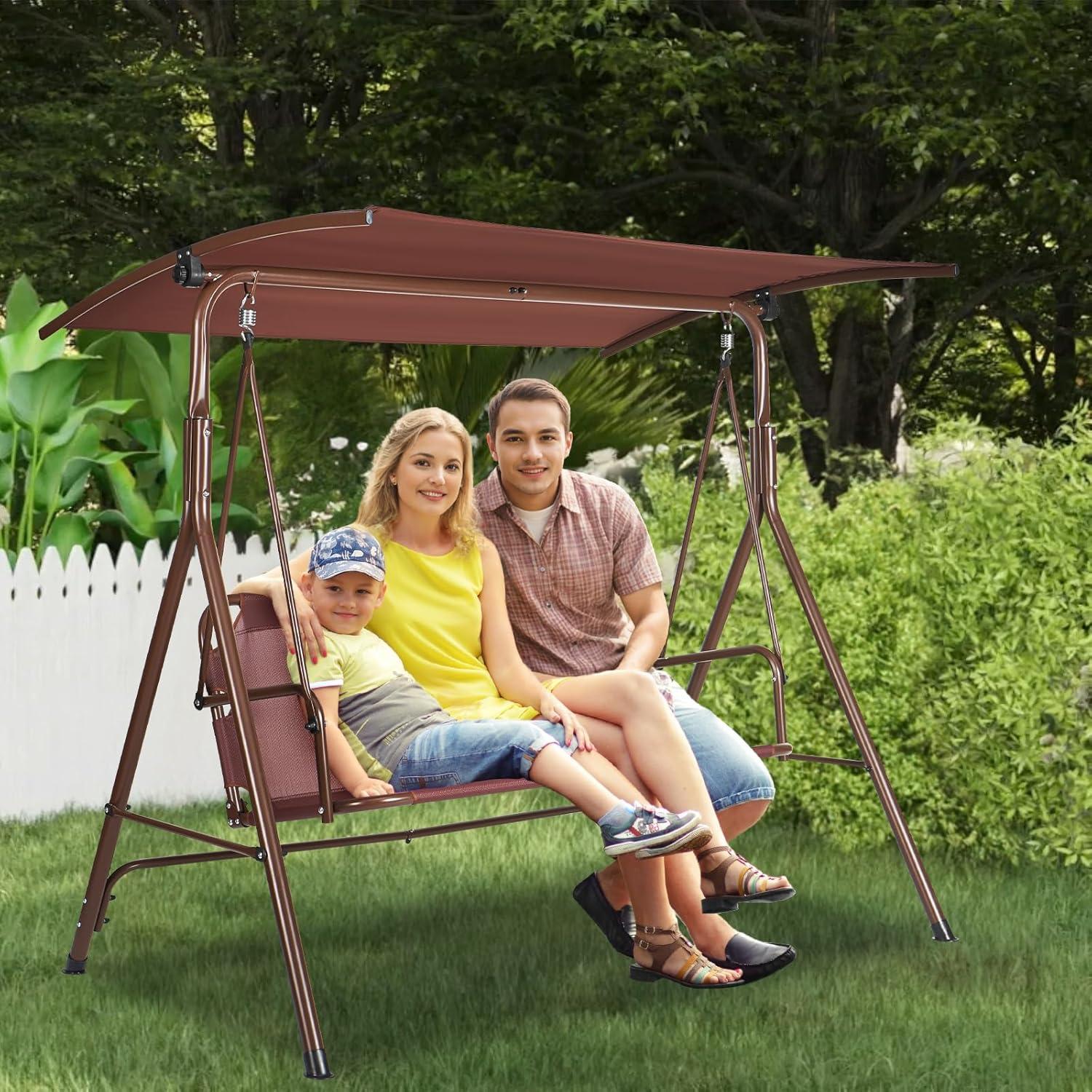 3-Person Patio Swing Chair Outdoor Patio Swing with Adjustable Canopy Porch Swing