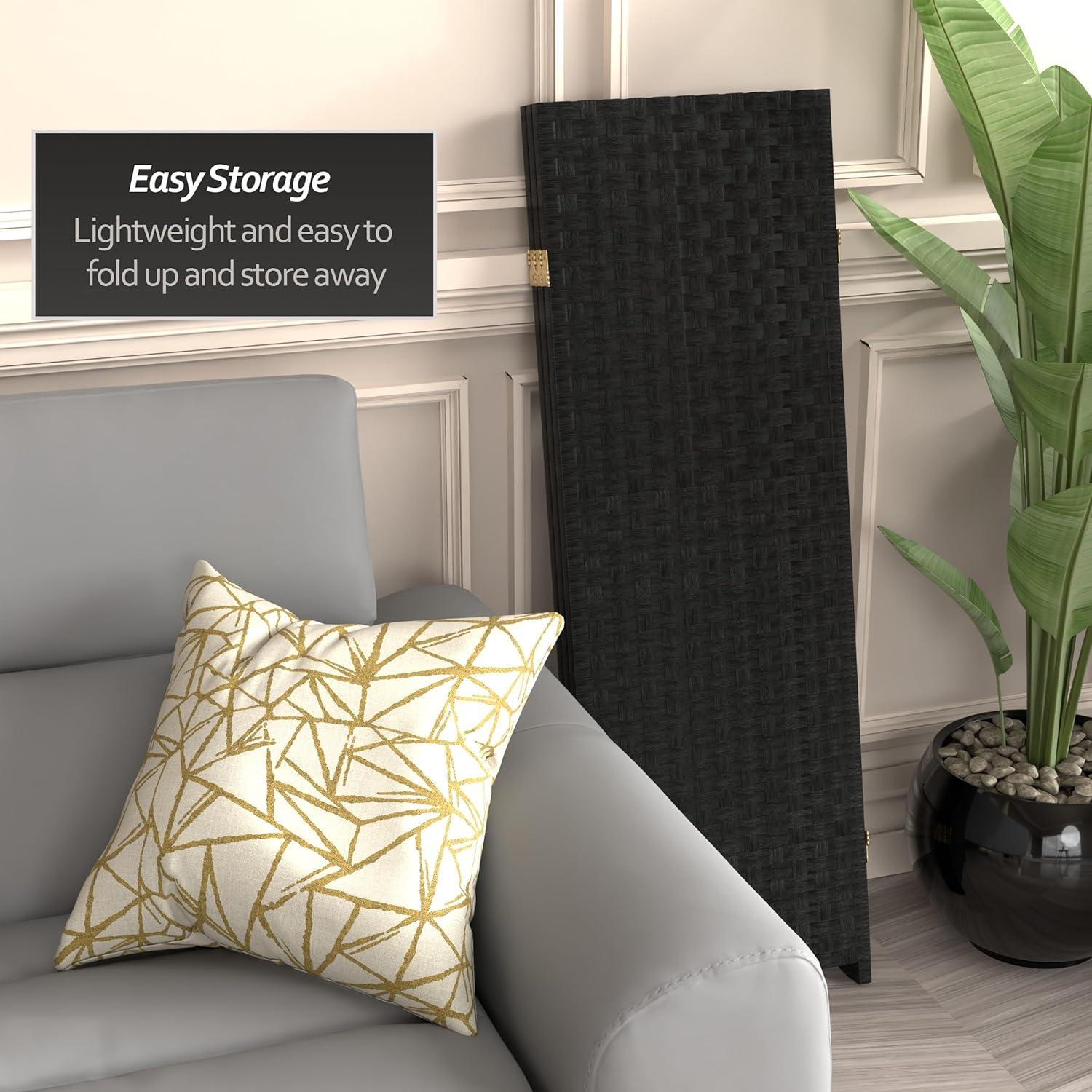 4 ft. Tall Woven Fiber Room Divider - Black (3 Panels) - Oriental Furniture: Rattan-Style, Privacy Screen