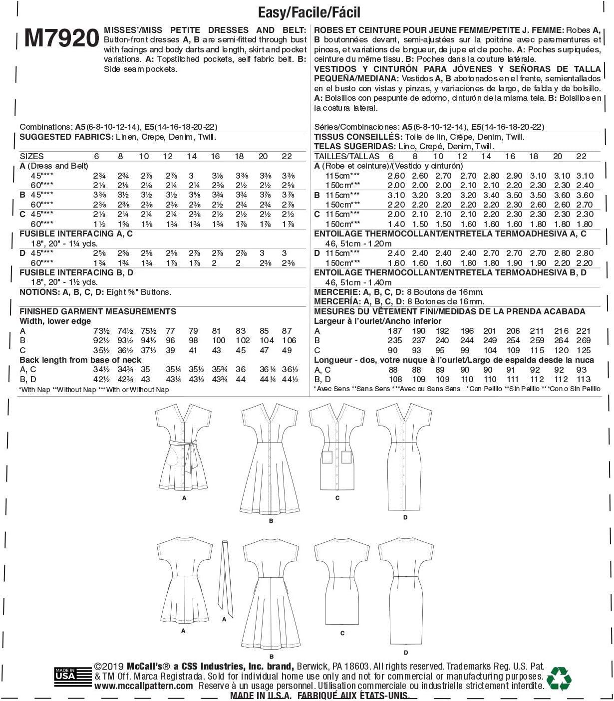 McCall's Patterns McCall's Women's Petite Belt and Button Up Dress, Sizes 6-14 Sewing Pattern, White