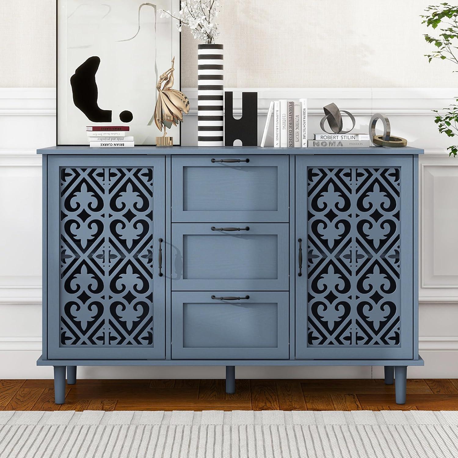 Sideboard Buffet Cabinet with Storage - Accent Storage Cabinet with Hollow Carved Pattern, Modern 2 Door 3 Drawer Cabinet, Farmhouse Wood Credenza for Living Room, Dining Room (Blue)