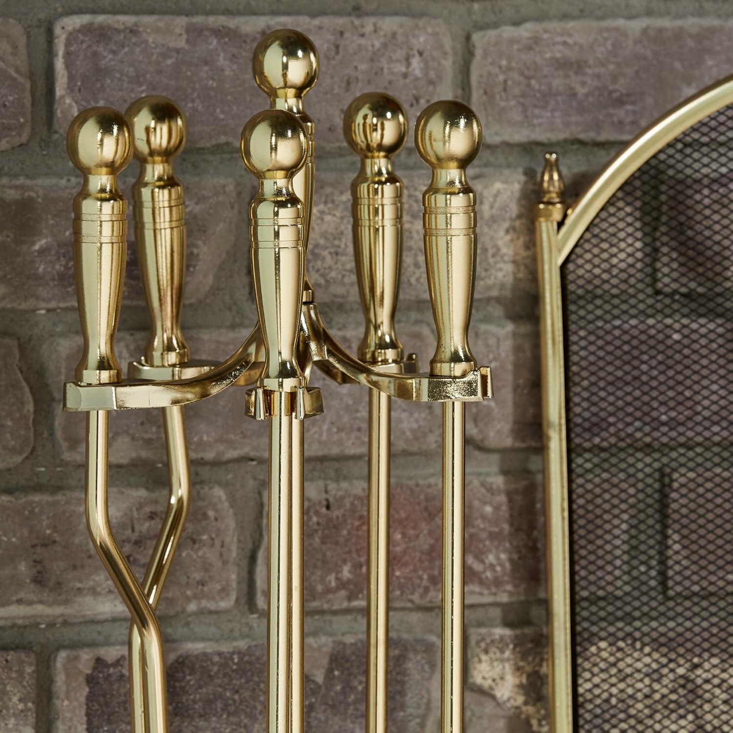 Polished Brass 5-Piece Fireplace Tool Set with Steel Construction