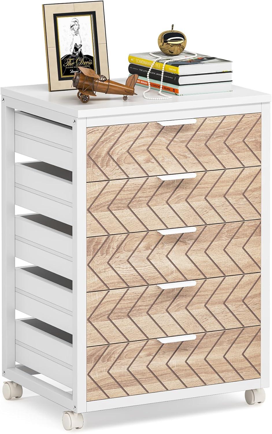 Tribesigns 5 Drawer Chest, Wood Storage Dresser Cabinet with Wheels, Industrial Storage Drawer Organizer Cart for Office Bedroom Entryway, White