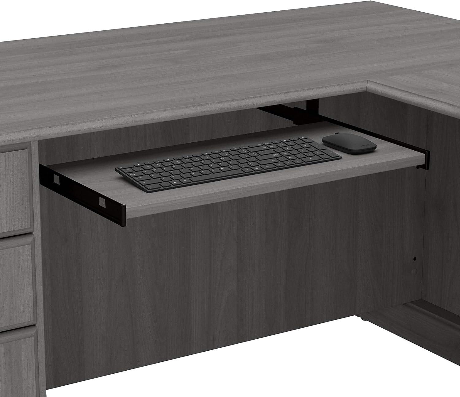 Modern Gray L-Shaped Wood Executive Desk with Drawers and Keyboard Tray