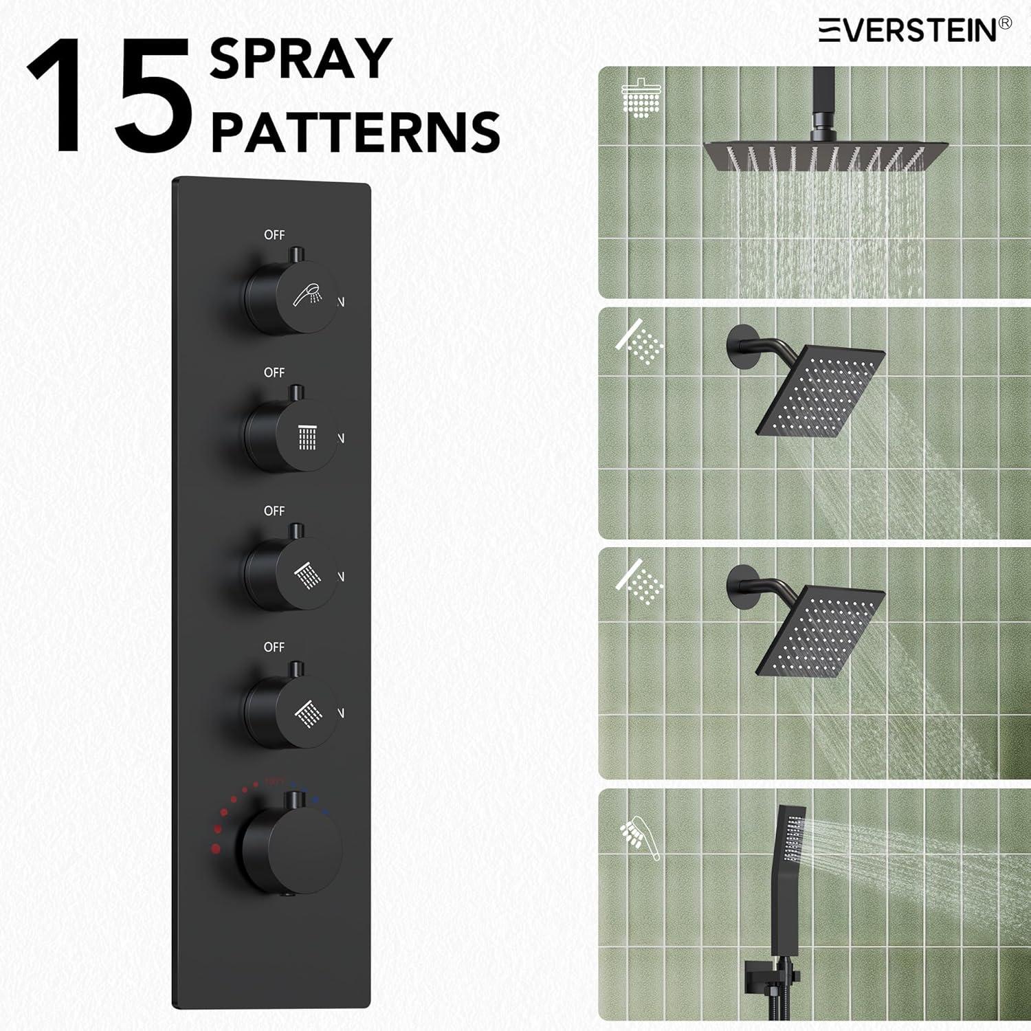 15-Spray Patterns 16" & 6" Triple Shower Heads, Shower FaucetSystem with Thermostatic Rough-in Valve