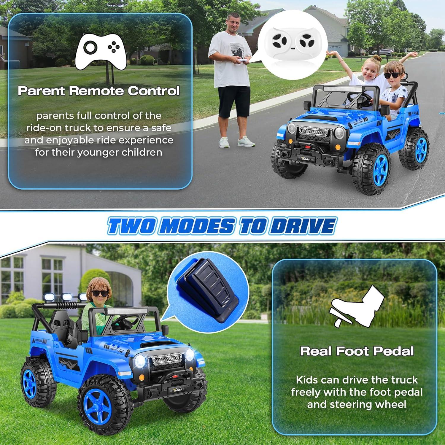 Ancheer 24V 4WD//2WD Ride On Jeep Truck,2 Seater Kids UTV With 4X200w Powerful Engine,Remote Control,Bluetooth,20 Wide Seat,Vehicles for Kids Toddlers