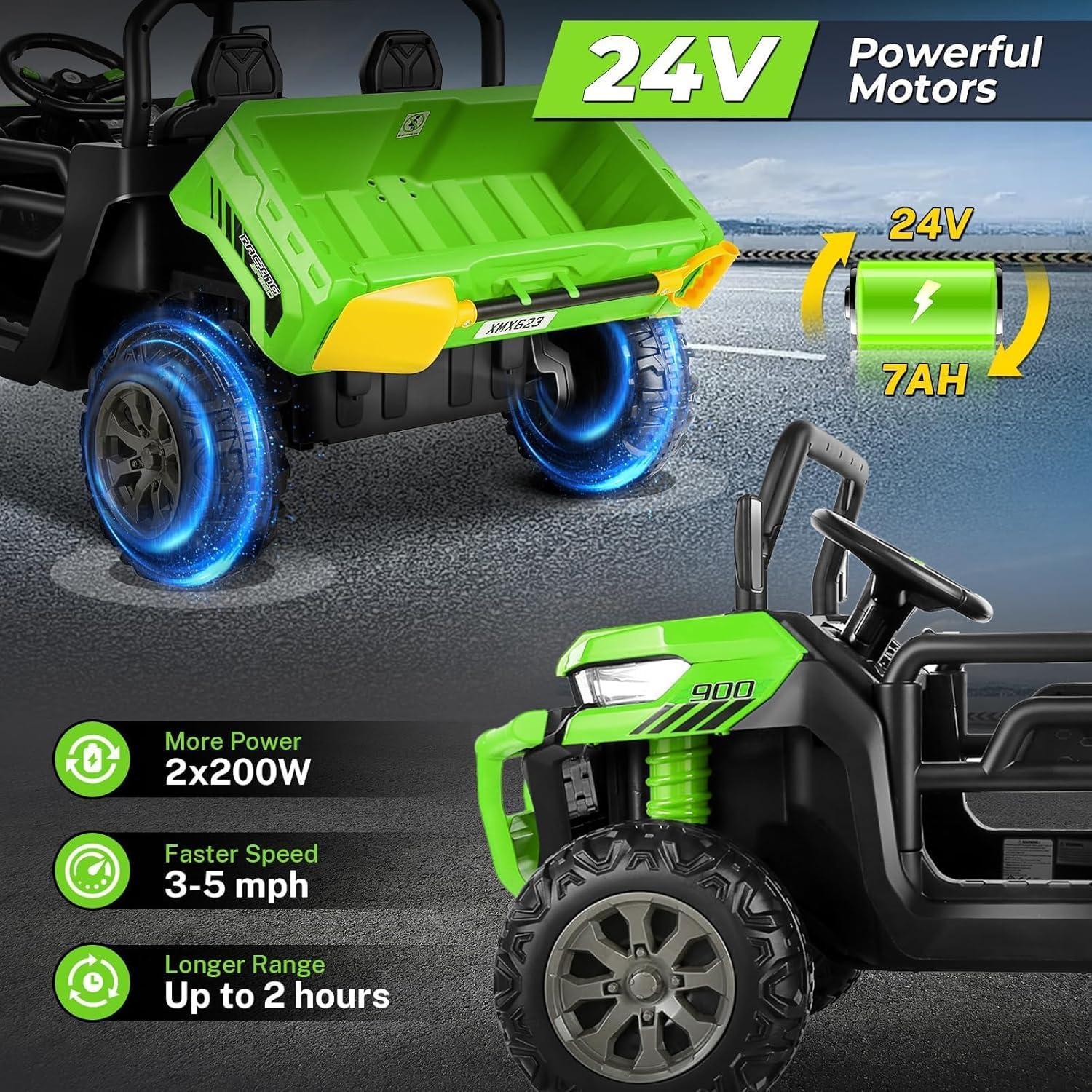 DreamDwell Home 4 Wheels 24V Ride on Dump Truck Toys 2 Seater Kids Ride On UTV Car with Remote Control,Electric Dump Bed
