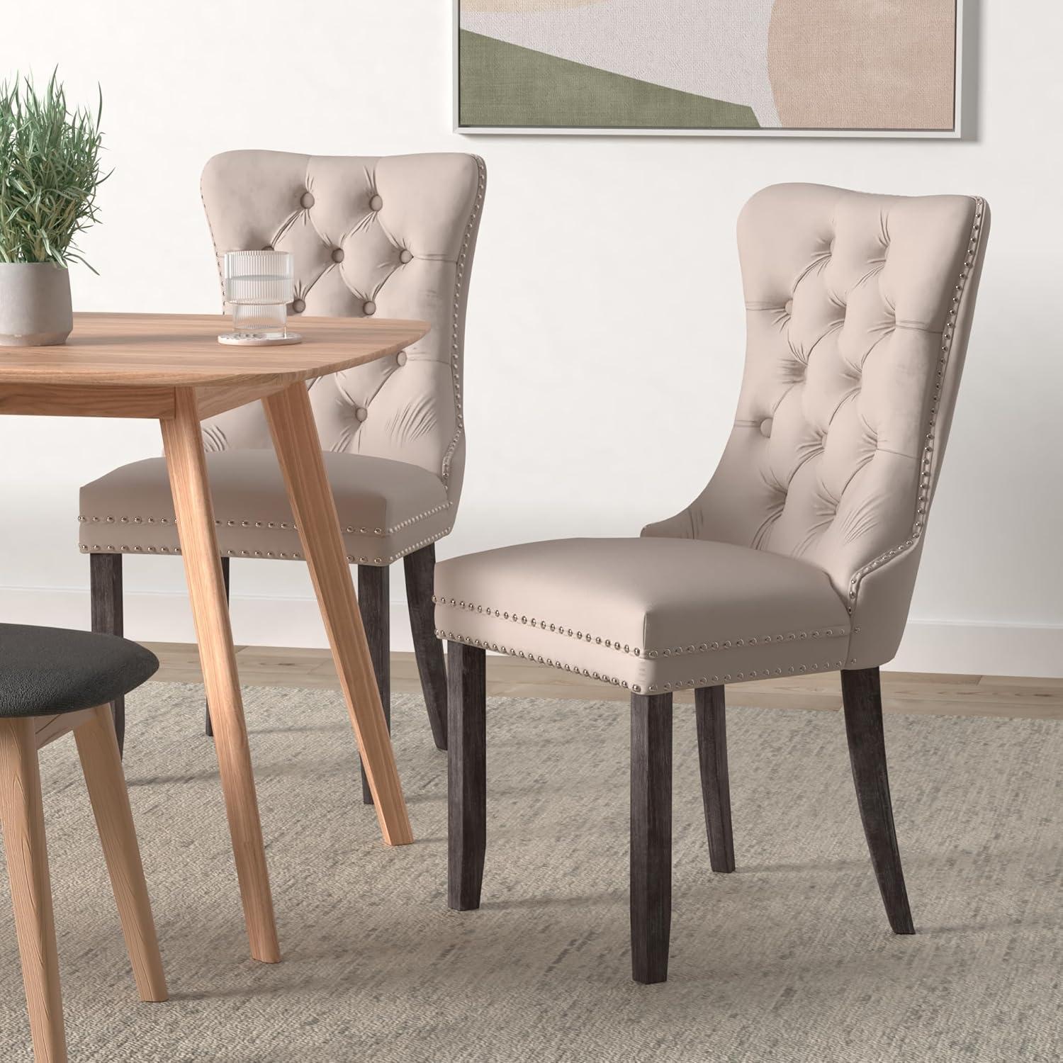 BELLEZE Upholstered Dining Chairs Set of 2, Velvet Luxury Dining Room Chairs with Button Back, Nailhead Trim, Pull-ring, Solid Wood Legs for Kitchen, Living Room, Restaurant - Chandler (Beige)