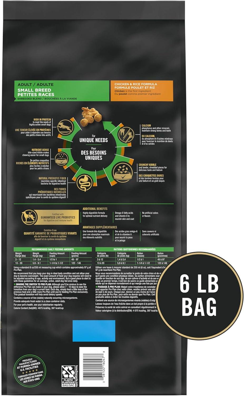 Purina Pro Plan Small Breed Dog Food With Probiotics for Dogs, Shredded Blend Chicken & Rice Formula, 6 lb. Bag