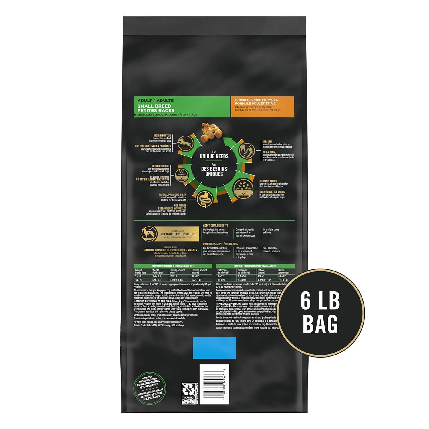 Purina Pro Plan Small Breed Dog Food With Probiotics for Dogs, Shredded Blend Chicken & Rice Formula, 6 lb. Bag