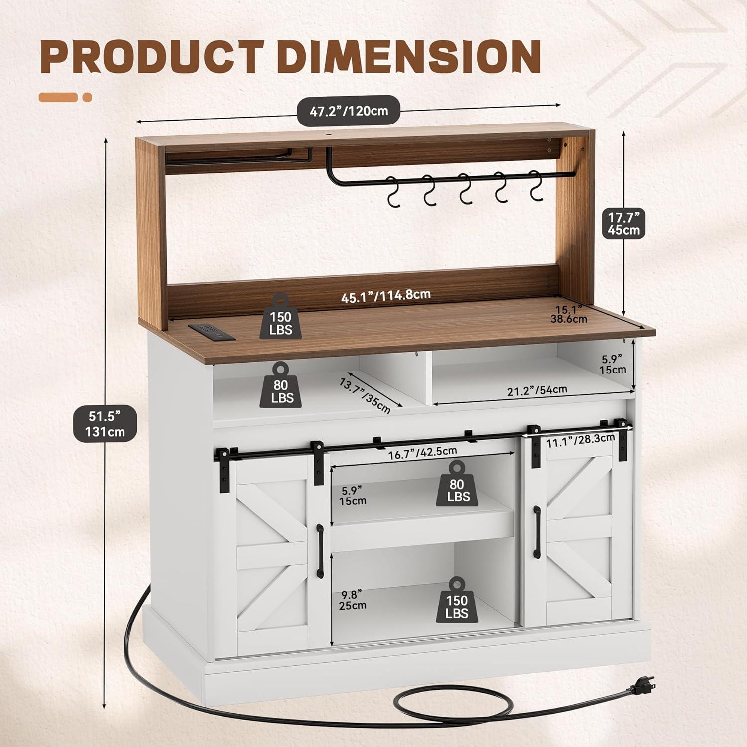 Gracie Oaks Gracie Oaks Farmhouse Coffee Bar Cabinet with Power Outlets, Goblet Holder & Sliding Barn Doors