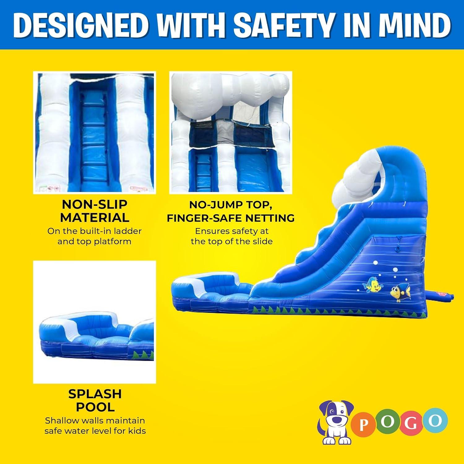 Pogo Bounce House Crossover Kids Inflatable Water Slide, Blue Wave with Blower, 12 ft
