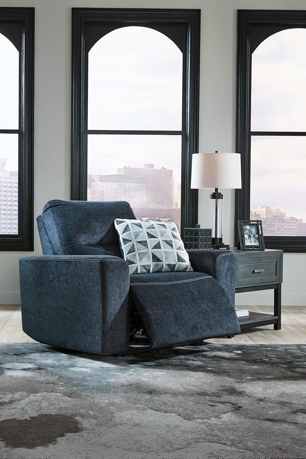 Contemporary Velvet Blue Oversized Recliner with Geometric Pillow