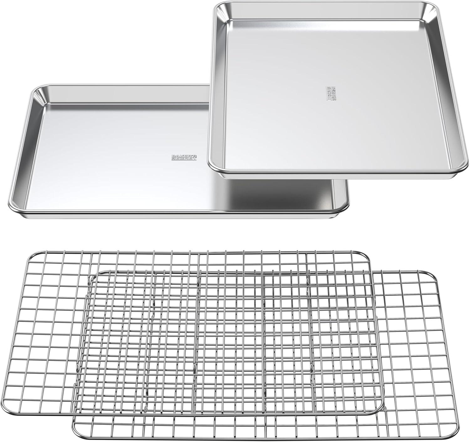 100% Recycled Aluminum by Baker's Secret, Bakeware Set 4pcs, 2x Baking Trays for Oven Cookie Sheet 18" with 2x Stainless Steel Rack Never Rust - The Natural Aluminum Collection