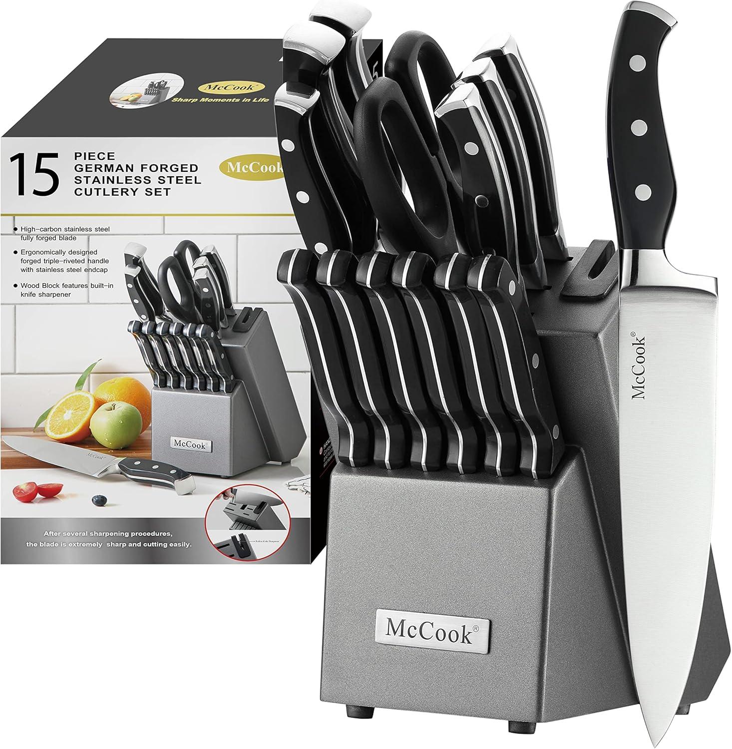 15-Piece German Stainless Steel Knife Block Set with Sharpener