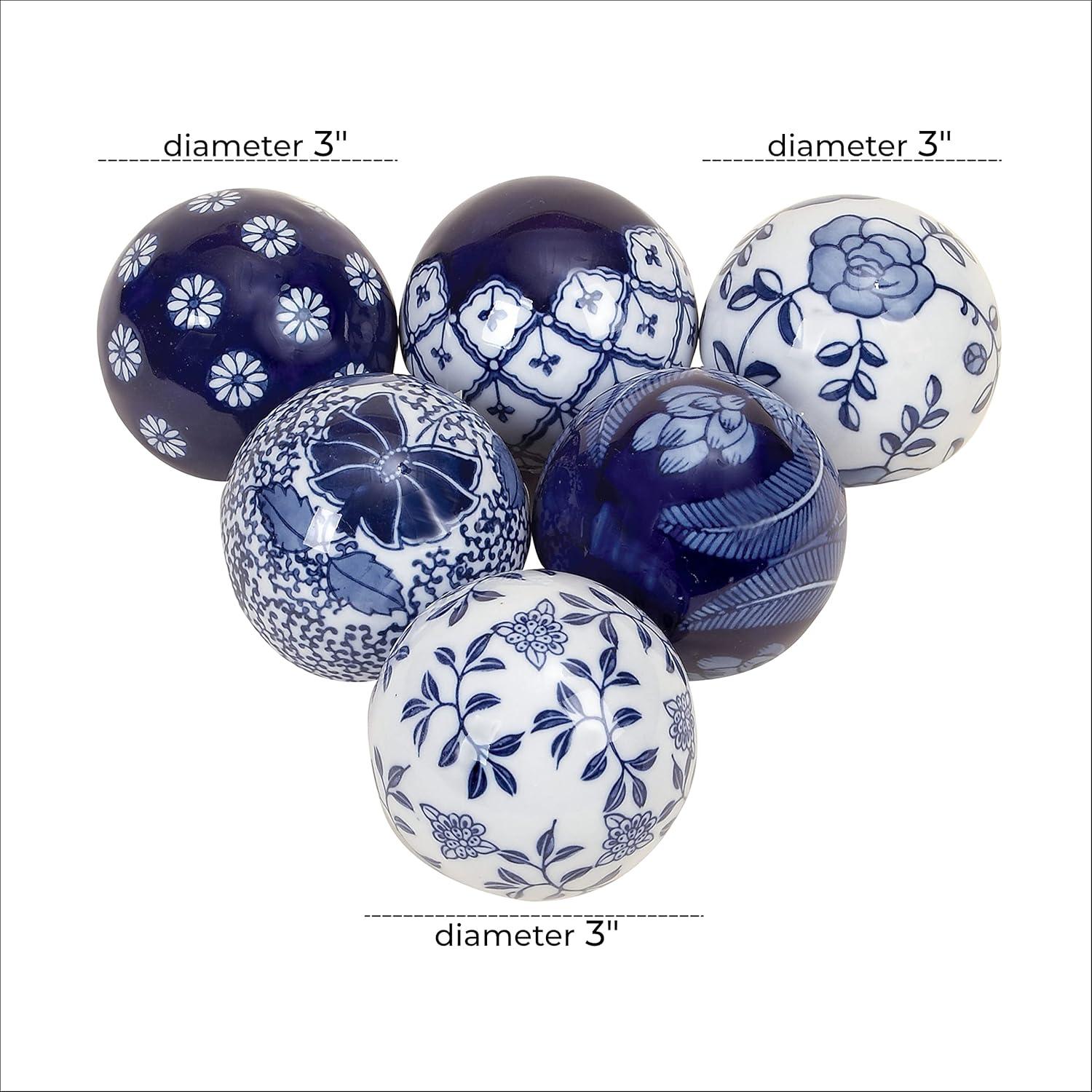 DecMode Blue 3" Floral Handmade Glossy Ceramic Orbs & Vase Filler with Varying Patterns (6 Count)