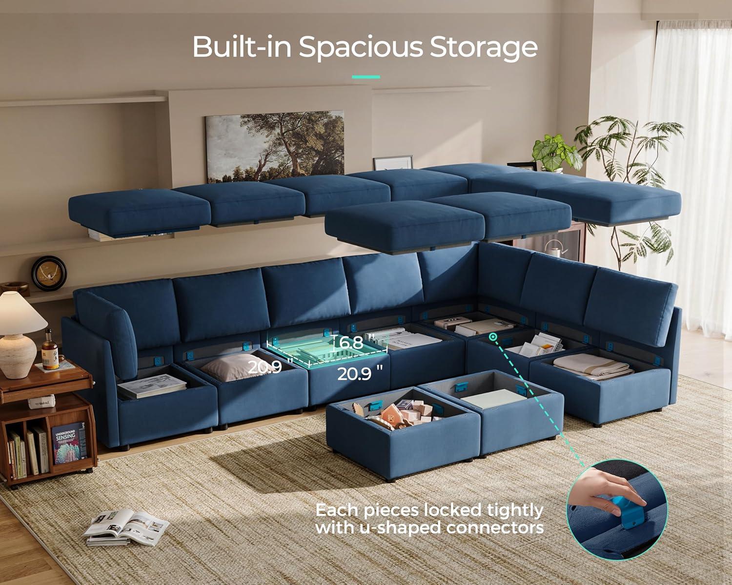 Blue Oversized Modular Sectional Sofa with Storage Ottomans