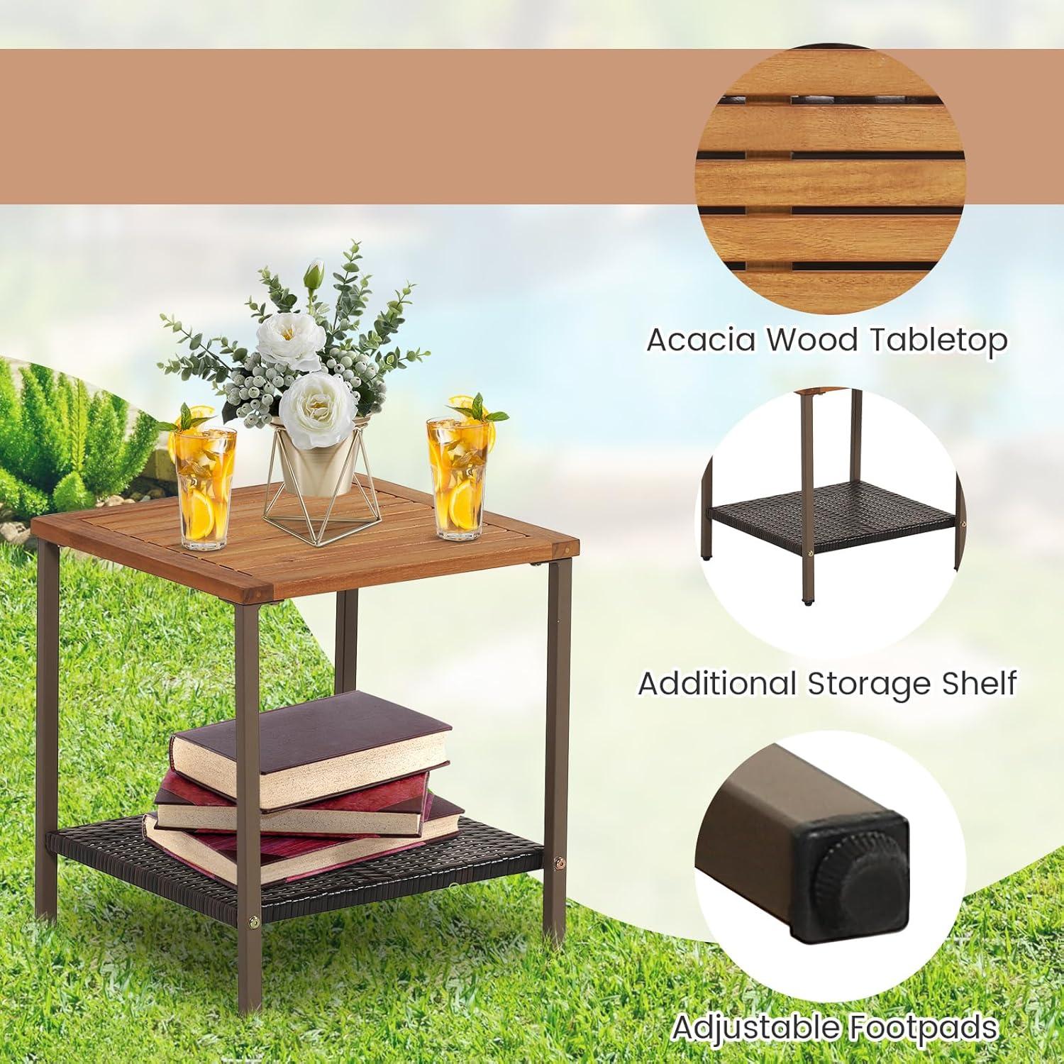 3 Pieces Rattan Rocking Bistro Set, Patio Conversation Sets with Coffee Table and Cushions-Off Navy