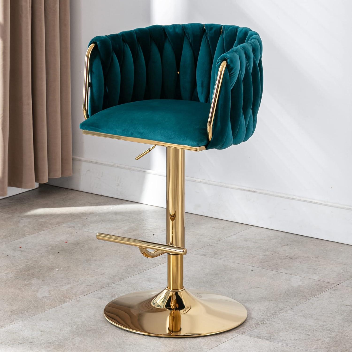 Everly Quinn Swivel Adjustable Height Bar Stool Modern Velvet Barstool with Barrel Back Kitchen Island Counter Bar Chair with Golden Base