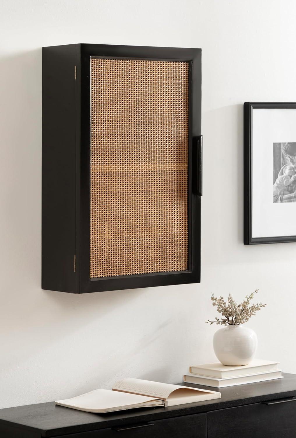 Kate and Laurel Ori Transitional Cane Wall Cabinet with Door, 15 x 7 x 24, Painted White Wood and Natural Rattan, Decorative Rattan Over the Toilet Cabinet with Three Shelves for Decor and Display