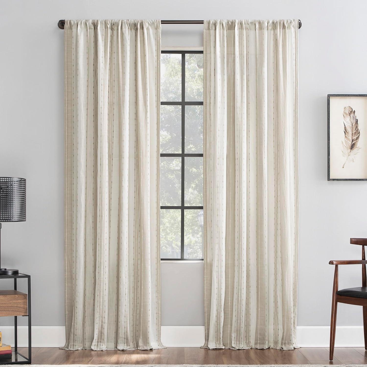 84"x52" Slub Texture Stripe Cotton Light Filtering Curtain Linen/White: Modern Rod Pocket Panel - Archaeo