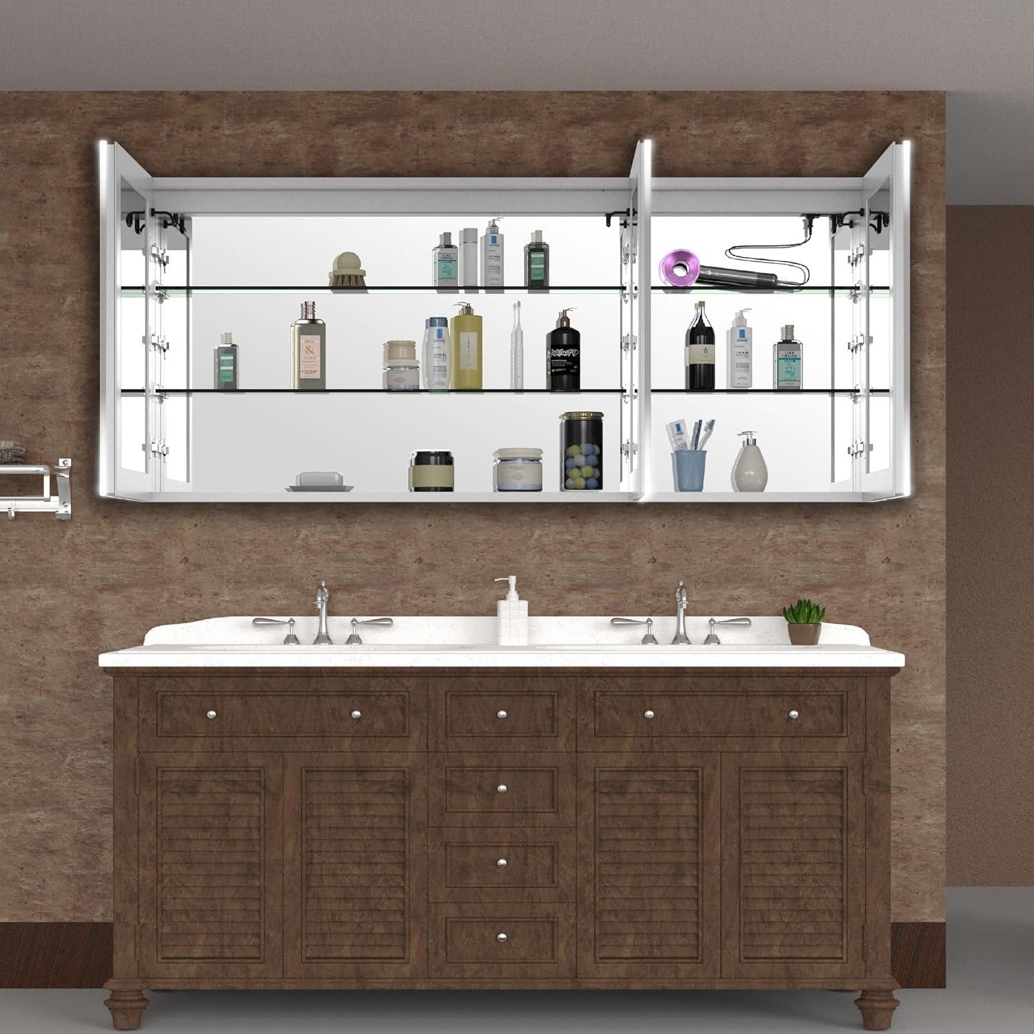 60 in. W x 36 in. H Rectangular Aluminum Big Storage Surface Mount Medicine Cabinet with Mirror in Grey and USB Outlet