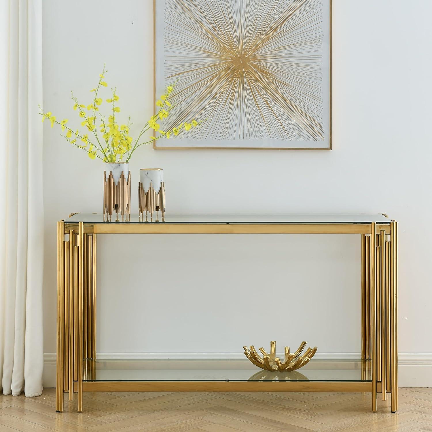 Modern Glass Console Table, 55" Gold Sofa Table with Sturdy Metal Frame and Clear Tempered Glass Top, for Living Room Entryway Bedroom, Gold Finish 00009