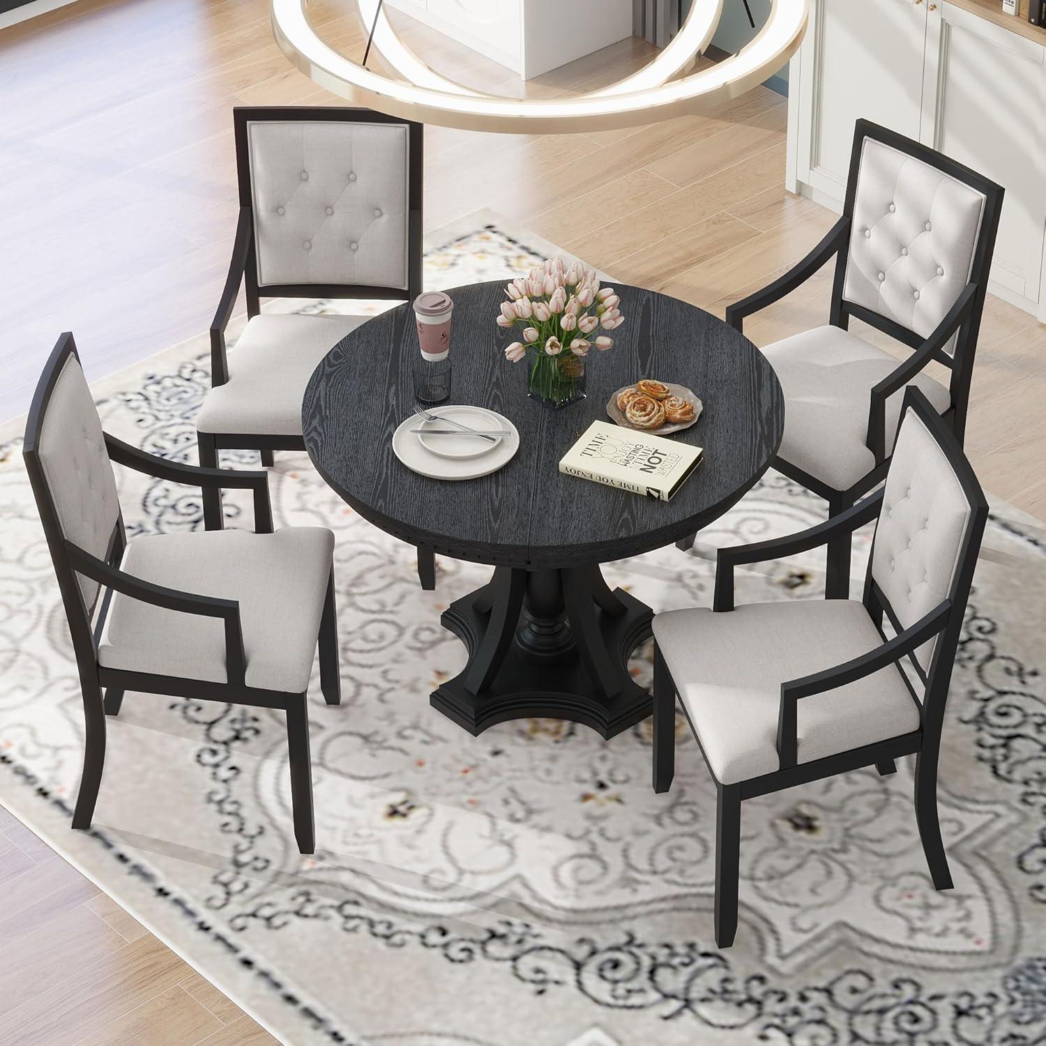 Black and Gray Extendable Round Dining Table Set with Cushioned Chairs