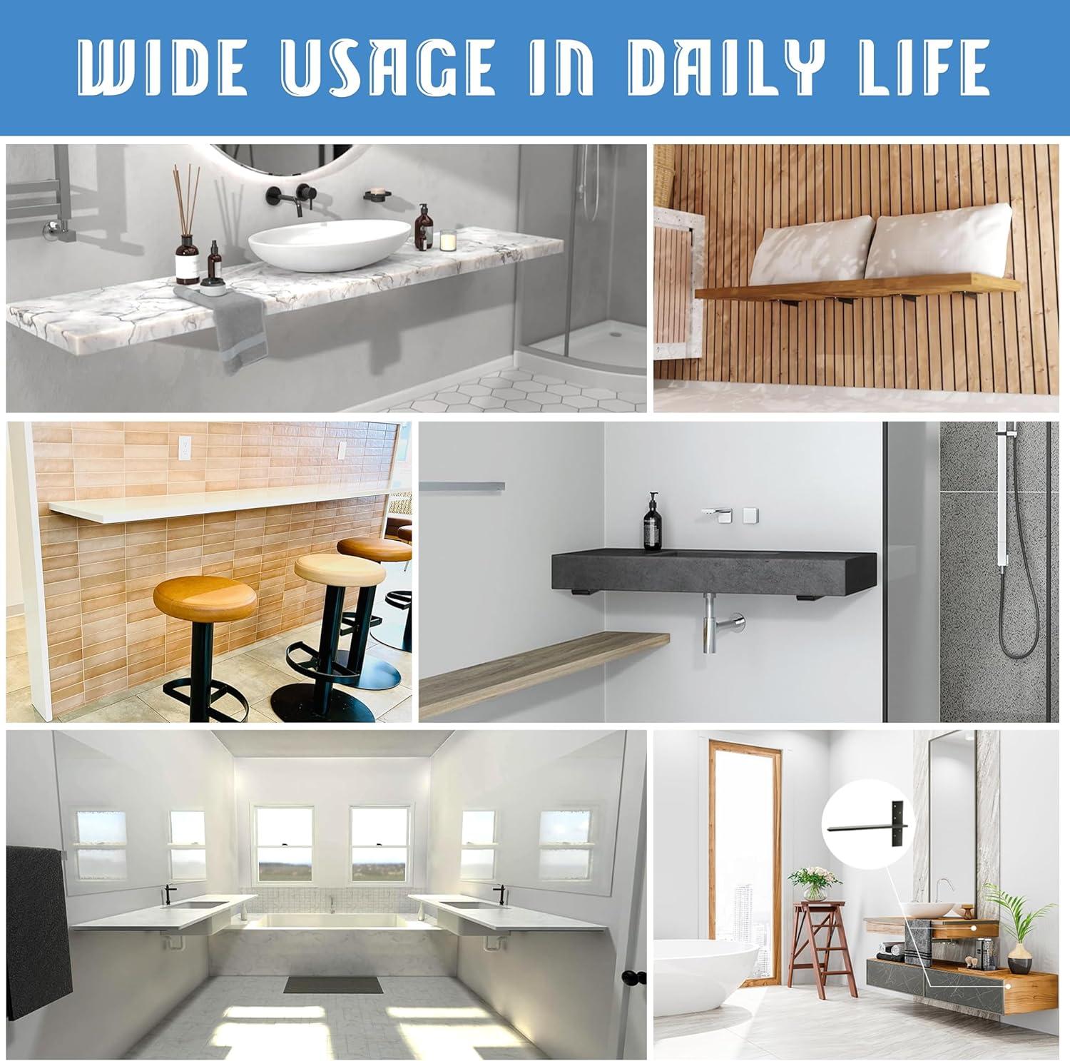 Floating Shelf Bracket 3/8" Thick Heavy Duty Shelf Brackets 4 Pack Free Hanging Countertop Support Bracket 8" Lx2.5 W Floating Wall Brackets for Cabinets, Granite, Dishwasher, Bench Seats Vanities