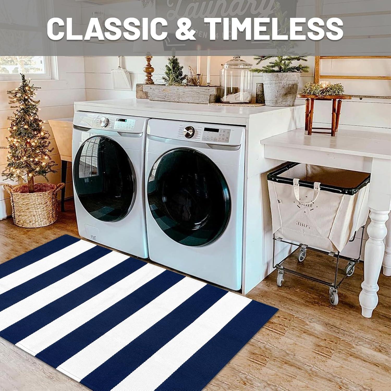 IOHOUZE Navy and White Striped Rug 2'x3' Front Door Rugs, Small Washable Area Rug for Front Porch, Spring Summer Doormats Outdoor Indoor, Cotton Rugs for Entryway Porch Entrance