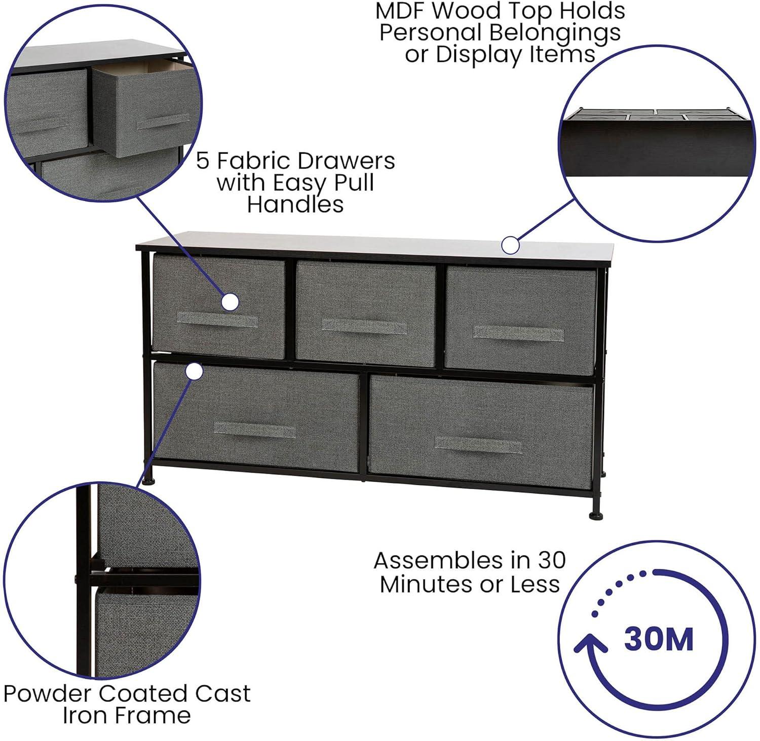 Flash Furniture 5 Drawer Wood Top Cast Iron Frame Storage Dresser with Easy Pull Fabric Drawers