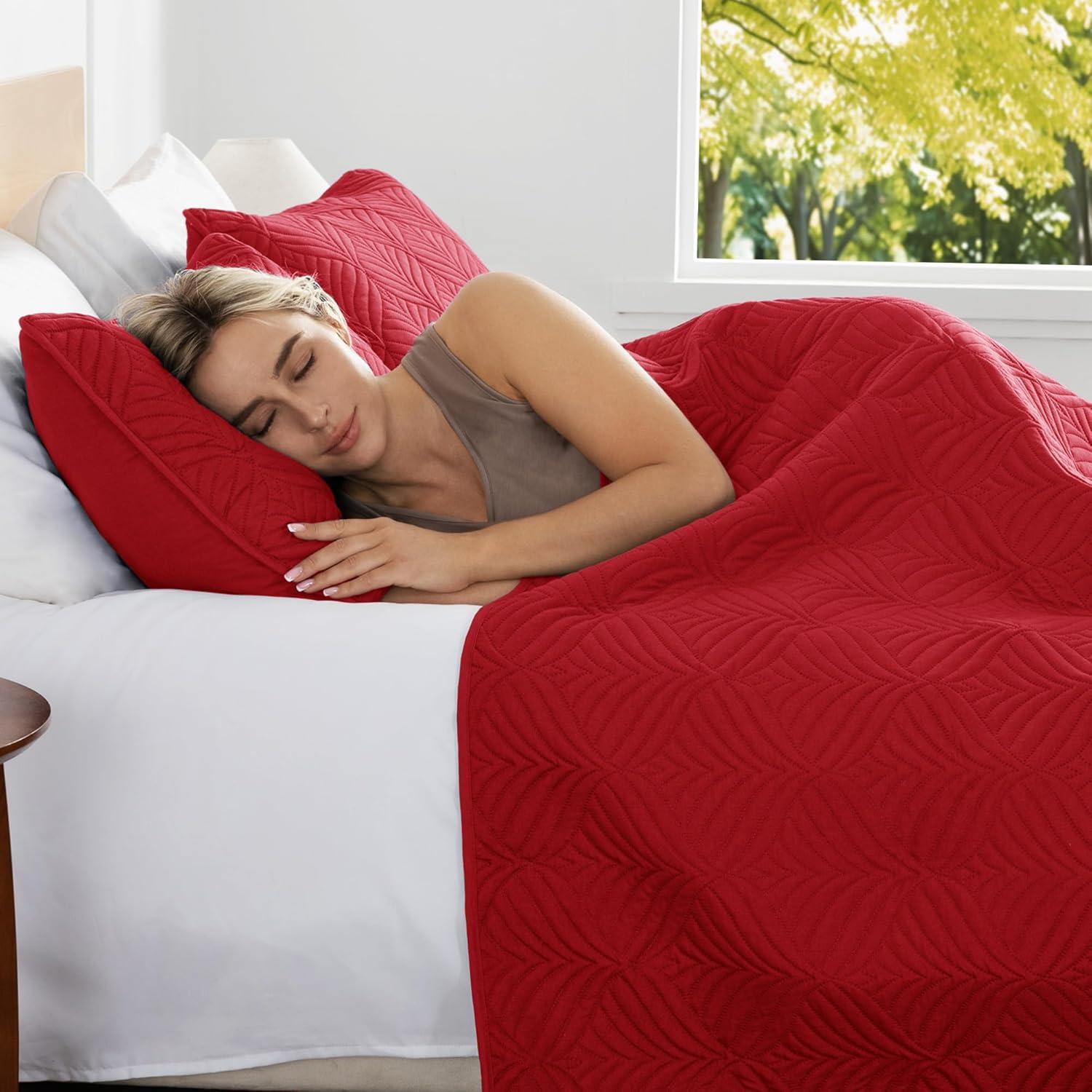 Whale Flotilla Microfiber Queen Size (96x90 inches) Quilt Set Lightweight Ultrasonic Quilted Bedspreads Coverlets Set with Classic Pattern, Red, 3 Piece (1 Quilt, 2 Pillow Shams)