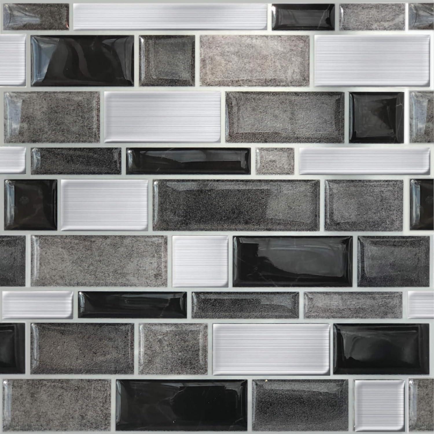 Main Street 10.5" x 10.5" Silver & Black Mosaic Vinyl Peel and Stick Tiles (4-Pack). Removable Tiles for Walls or Backsplash