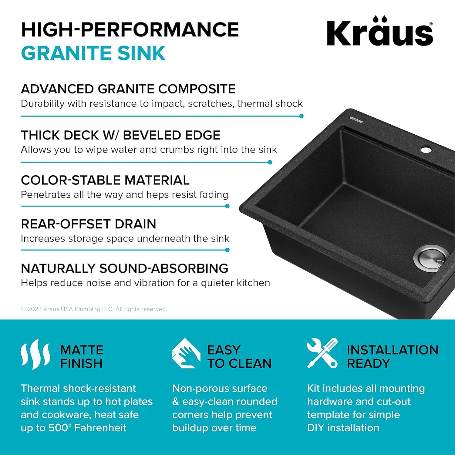 KRAUS Bellucci 28” Granite Workstation Drop In Top Mount Single Bowl Kitchen Sink with Accessories