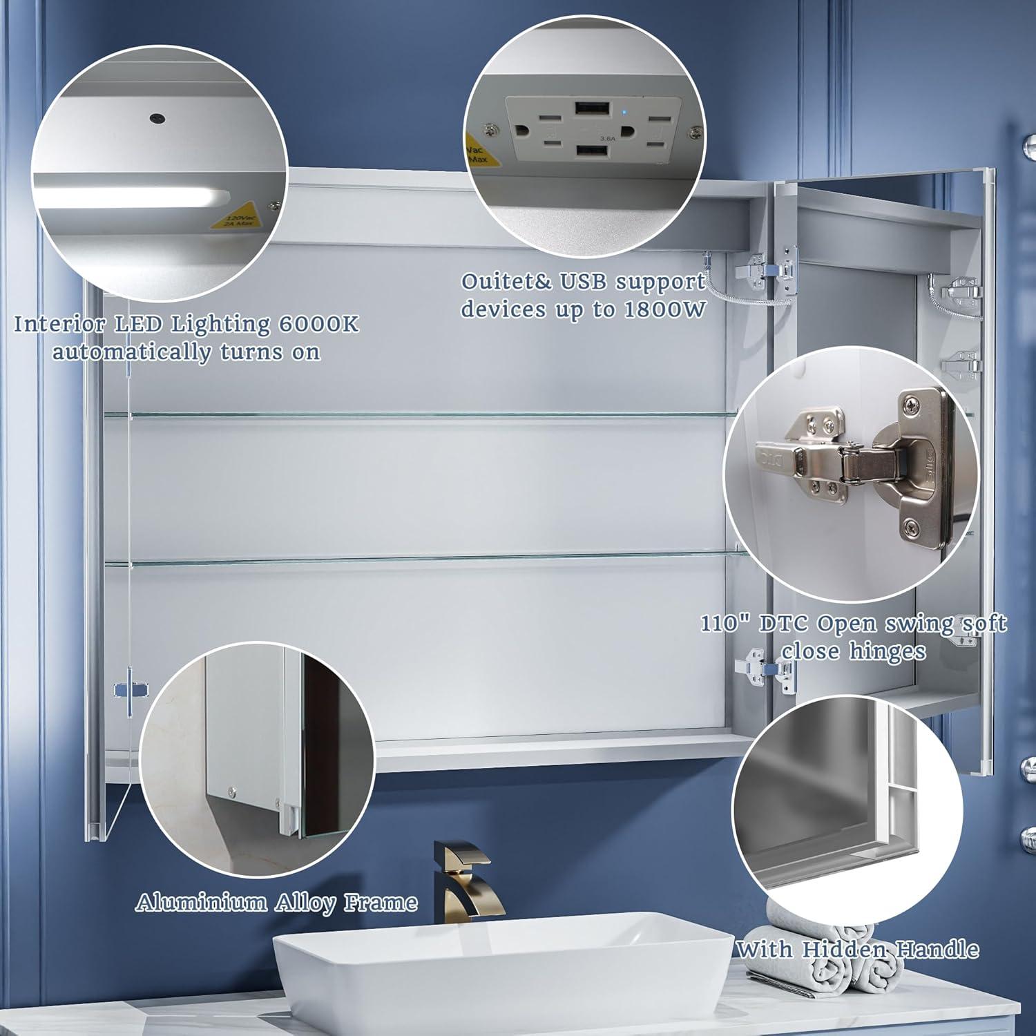 ExBrite Lighted Medicine Cabinet 36x30 Inch,Recessed or Surface led Medicine Cabinet, Three Glass Shelves,Defog,Stepless Dimming,Medicine Cabinet with Lights 3-Color Temper Change, Outlets & USBs