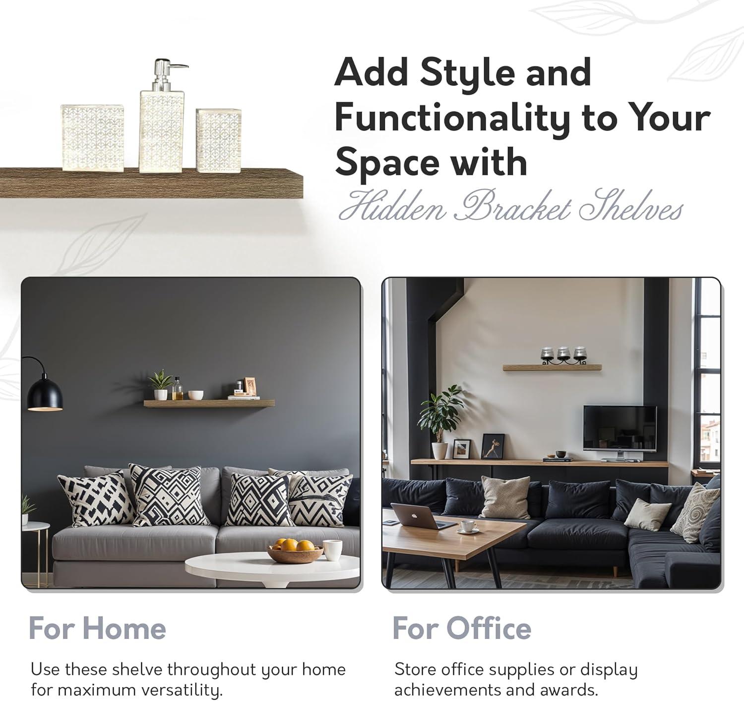 InPlace 24" Floating Shelf Wall Mounted Hidden Brackets Rustic Wood: Modern Design, MDF, Smooth Finish, Includes Mounting Hardware