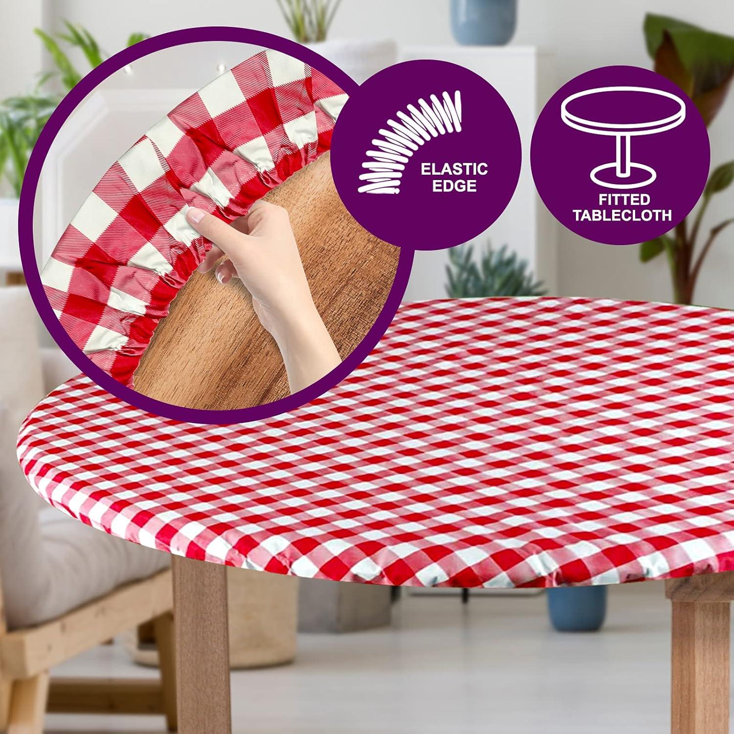 Round Tablecloth -Fitted with Elastic, Vinyl with Flannel Back, 36” Red Checked Design,- By Sorfey