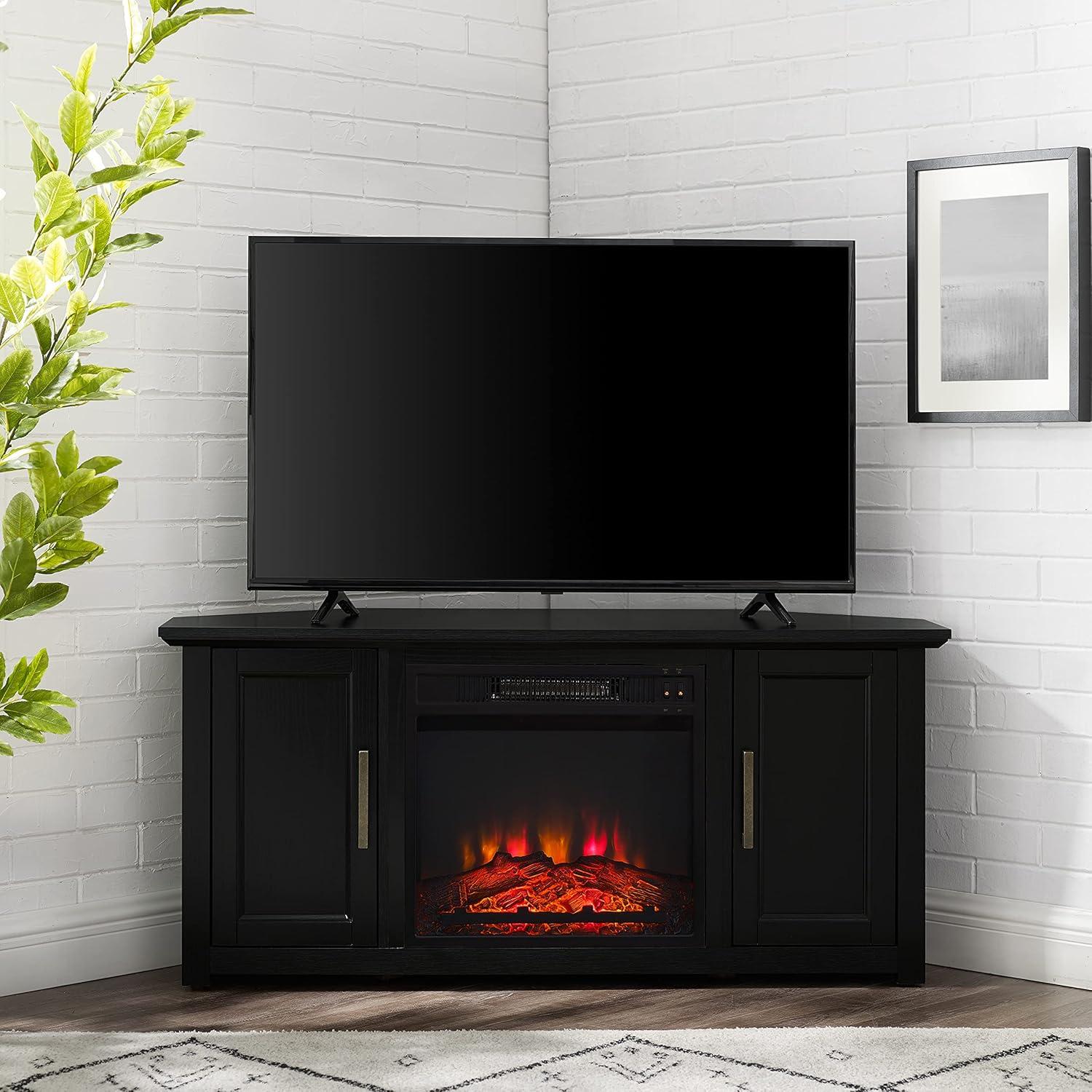 Crosley Camden Corner TV Stand for TVs up to 50" with Fireplace Black : Mid-Century Modern, Adjustable Shelves, Cable Management