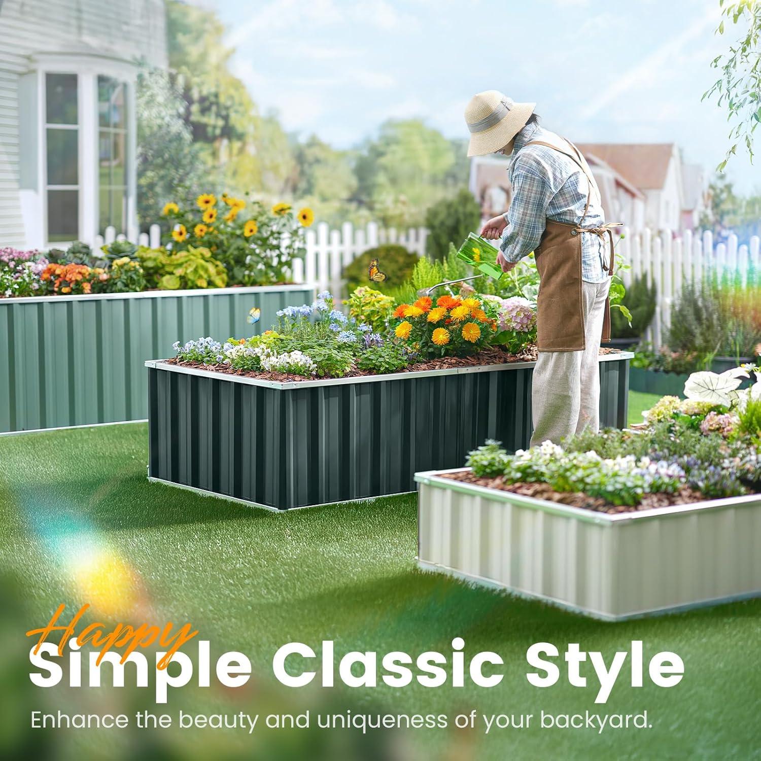 KING BIRD Raised Garden Bed 68"x 36"x 12" Galvanized Steel Metal Outdoor Garden Planter Box Kit with 2 Pairs of Gloves (Ivory)