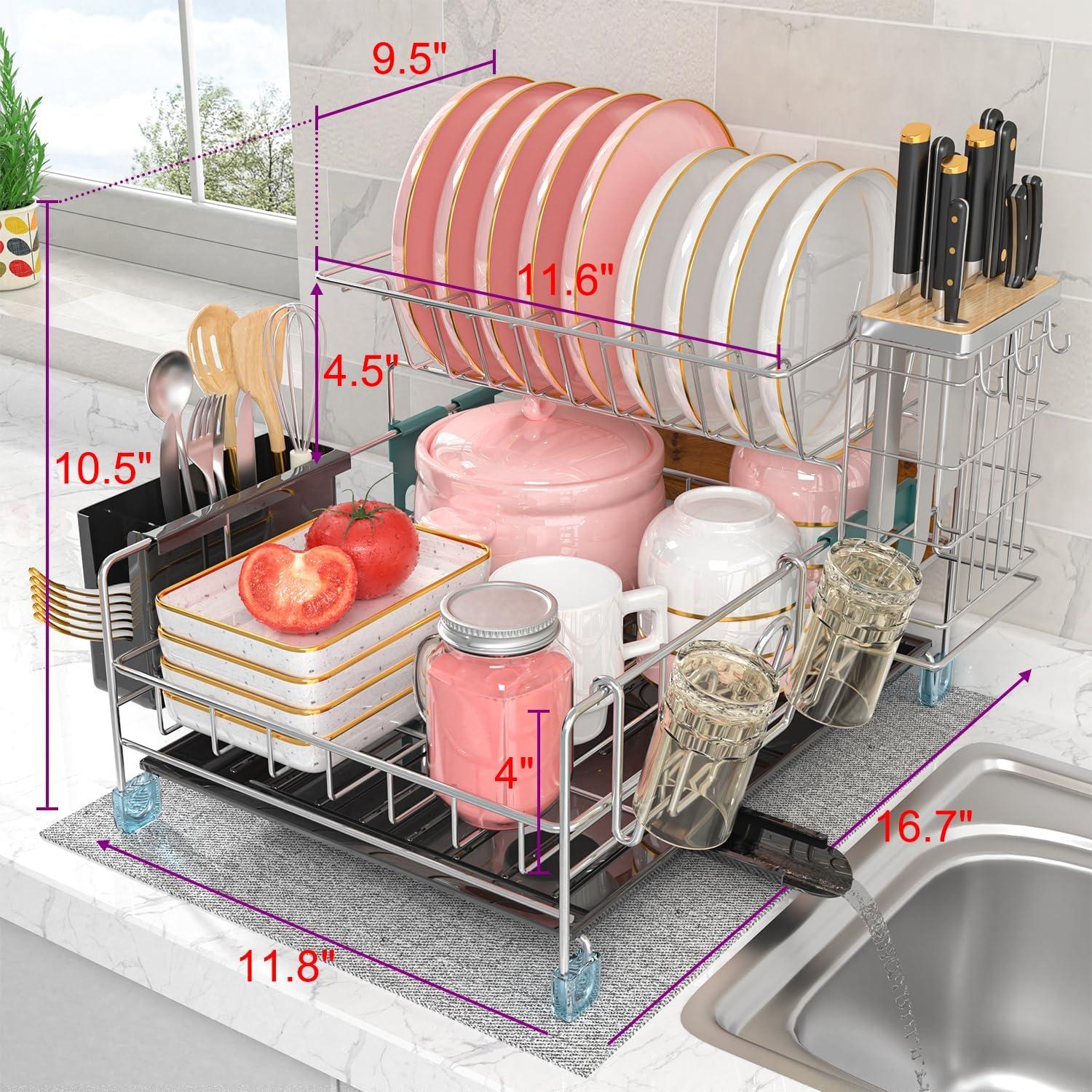 Large Silver Stainless Steel 2-Tier Dish Drying Rack with Utensil Cup