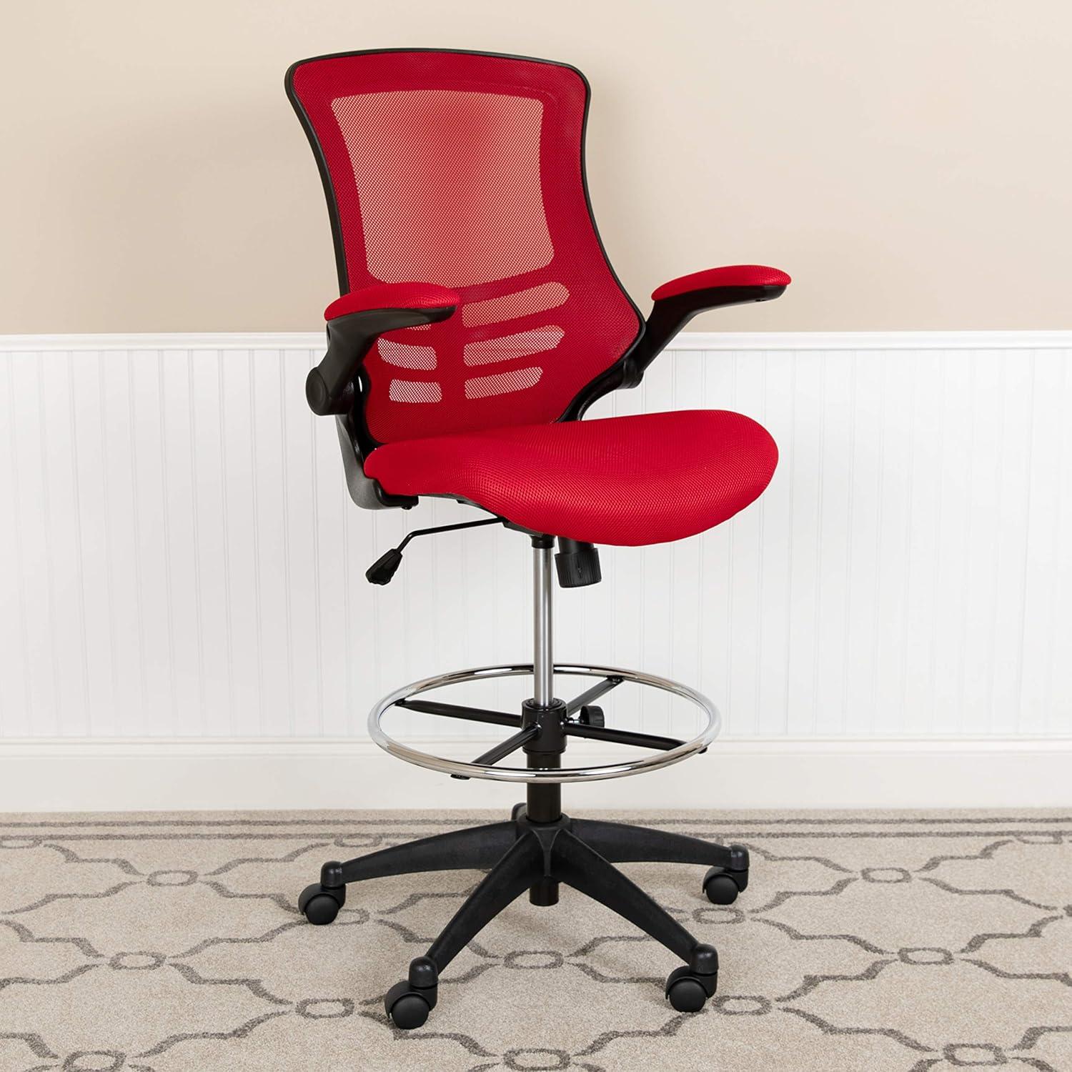Emma and Oliver Mid-Back Red Mesh Ergonomic Drafting Chair with Foot Ring and Flip-Up Arms