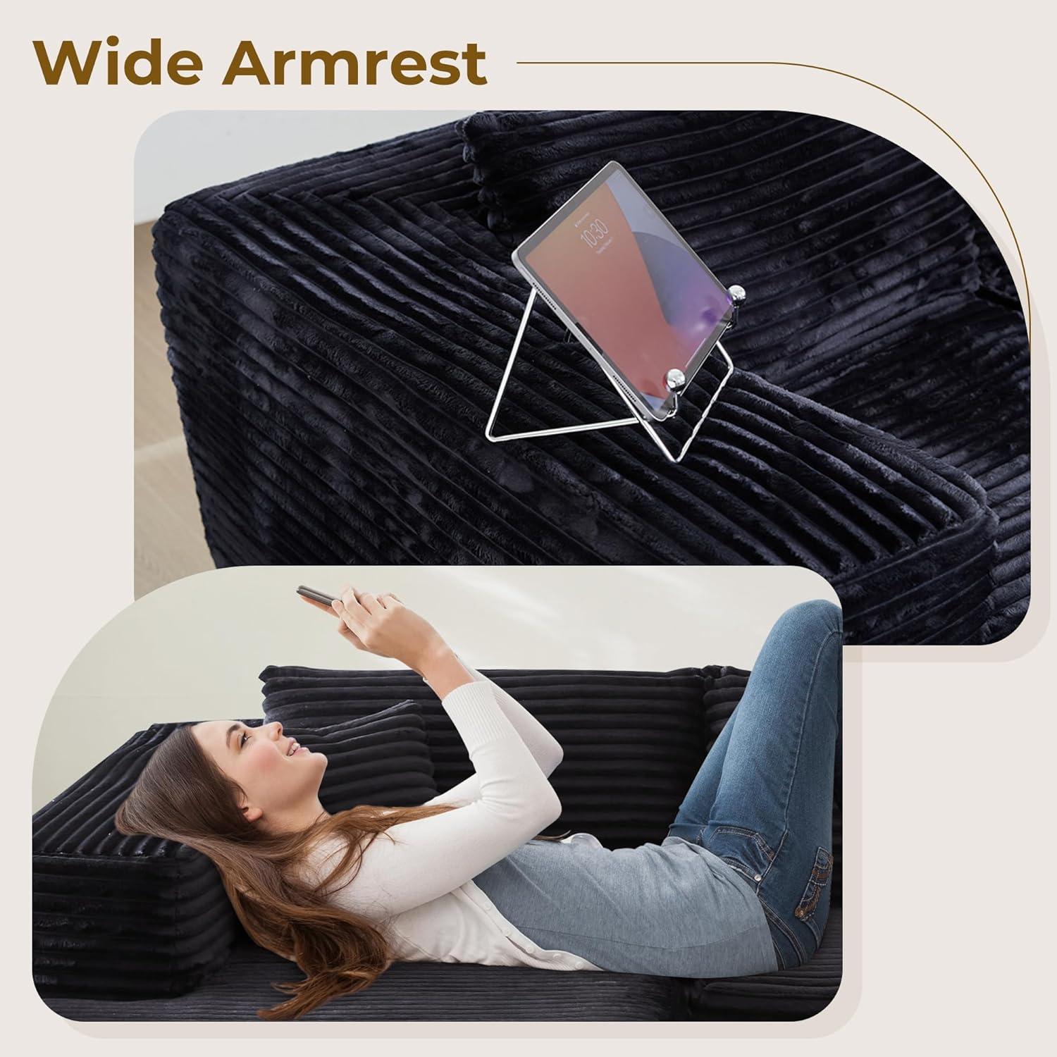 104" L-Shape Modular Sectional Sofa Couch - Comfy Upholstered Cloud Couches for Living Room - Modern Minimalist Couch,Deep Seat,No Assembly Required (Black,Plush Corduroy, Right Facing Chaise)